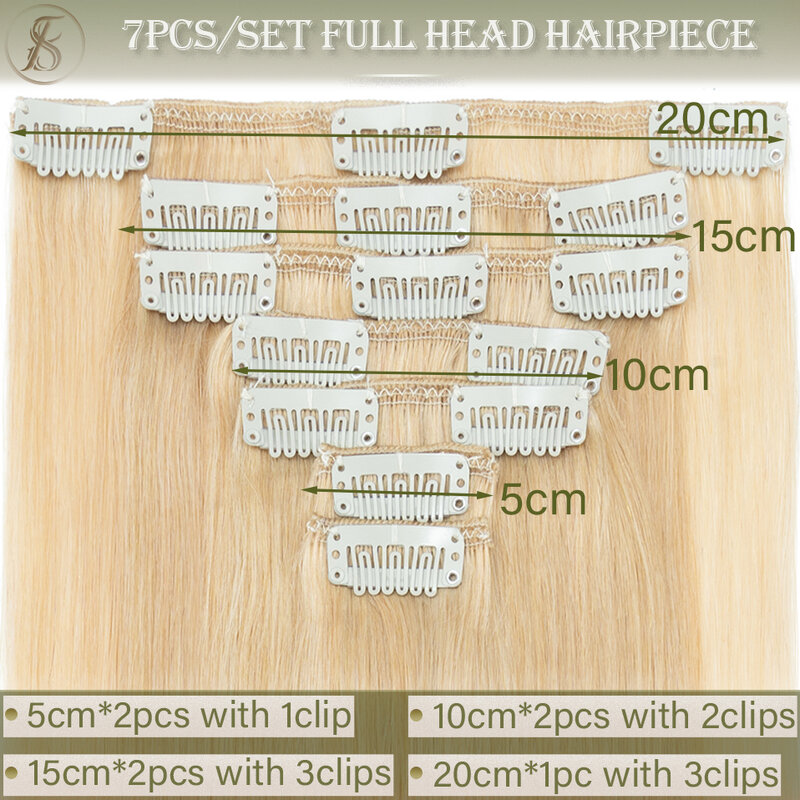 TESS 7 sztuk/zestaw ludzkich włosów włosy doczepiane Clip In naturalne przedłużenie 14 "-24" na całą głowę włosy ludzkie w kolorze blond klipsy w kawałki włosów Remy