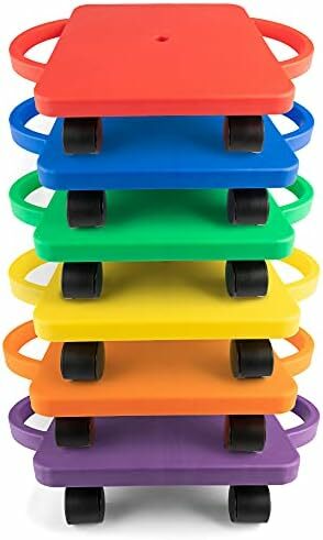 Scooter Board with Handles, Set of 6, Wide 12 x 12 Base - Multi-Colored, Fun Sports Scooters with Non-Marring Plastic Casters fo