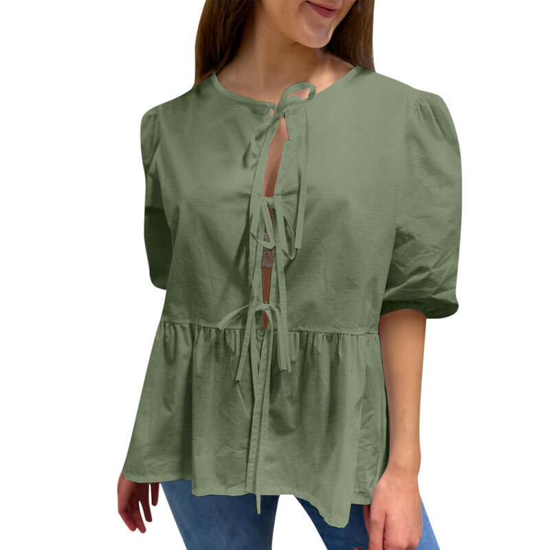 2024 Sommer weibliche Straße trägt Frauen einfarbig aushöhlen Schnürung Puff ärmel T-Shirt weibliche Rundhals-Tops
