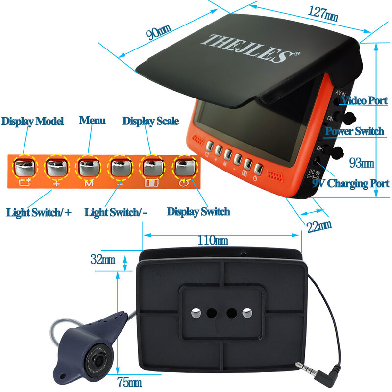 THEJLES HD 1000 Line Ice Fishing Underwater Camera 4.3 pollici IPS Screen Fish Finder con 8 luci a infrarossi possono accendere/spegnere