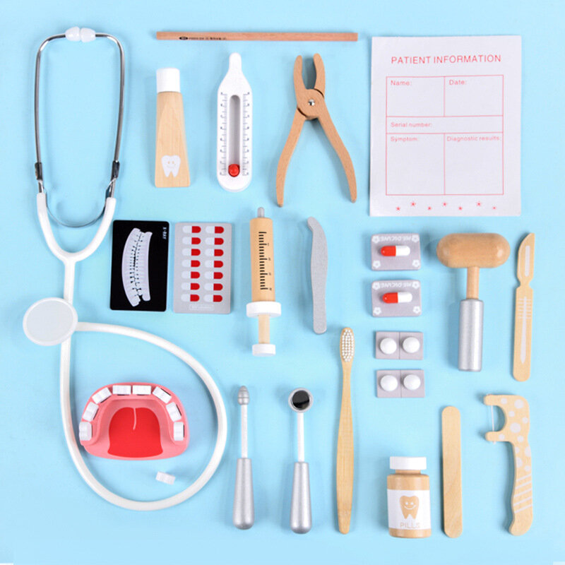 Arzt Rolle Spielen Medizinische Spielzeug für Kinder Zahnarzt Spiel Kostüm Cosplay Kinder Holz Spielzeug Krankenhaus Werkzeug Zubehör Simulation Kit