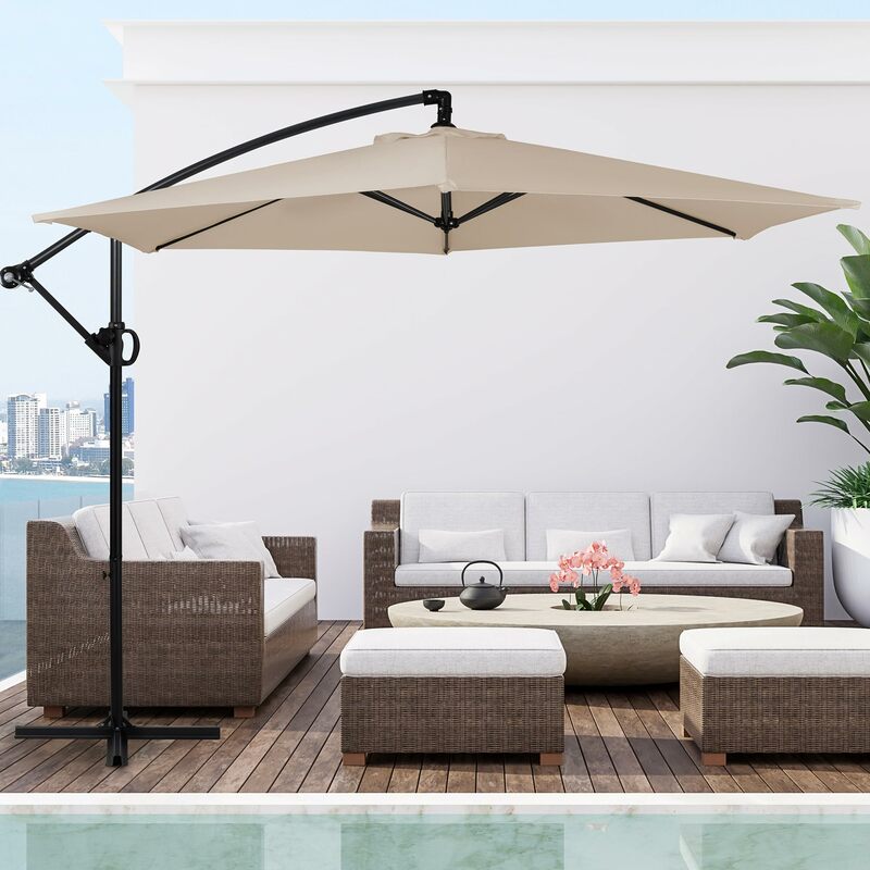 Khaki Cantilever Hanging Umbrella: Patio Offset with Easy Tilt Adjustment, Crank