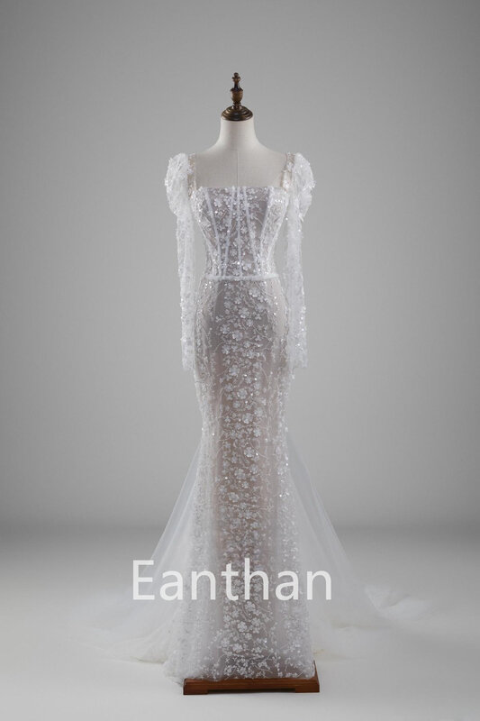Длинное свадебное платье-Русалка с длинным рукавом и квадратным вырезом