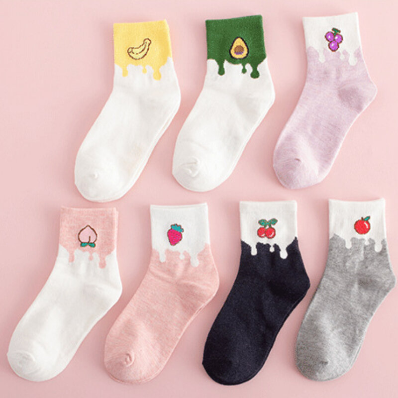女性のための日本の靴下,漫画のフルーツ,綿,カラフル,カジュアル,学生,韓国語,秋冬