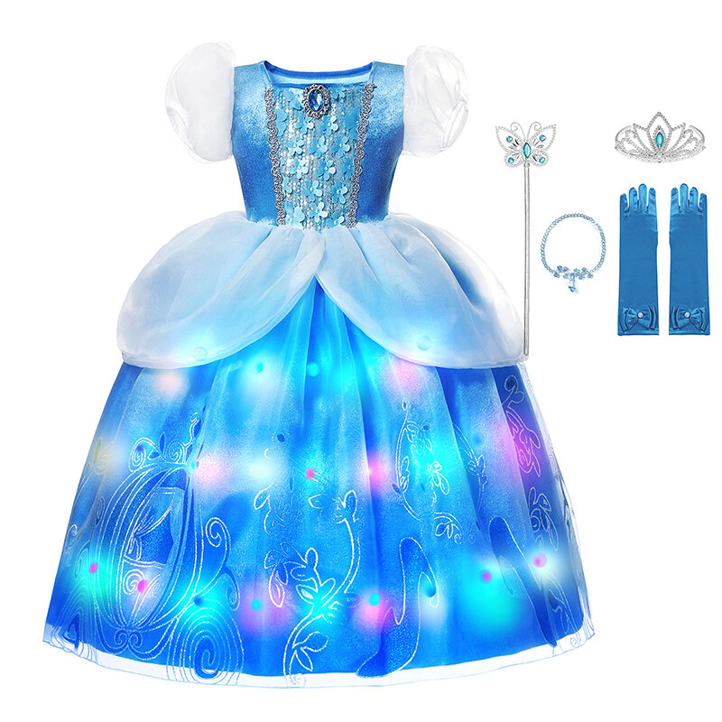 Vestido de princesa de Disney Con luz LED para niñas, disfraz de Halloween, Cosplay de Cenicienta, bata de fiesta de Halloween