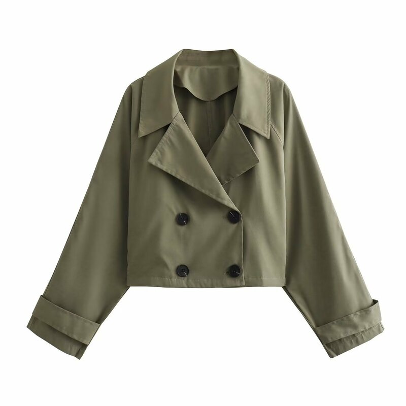 Jaket serbaguna wanita, jaket pendek kancing dua baris, kerah jas warna Solid baru musim gugur 2024