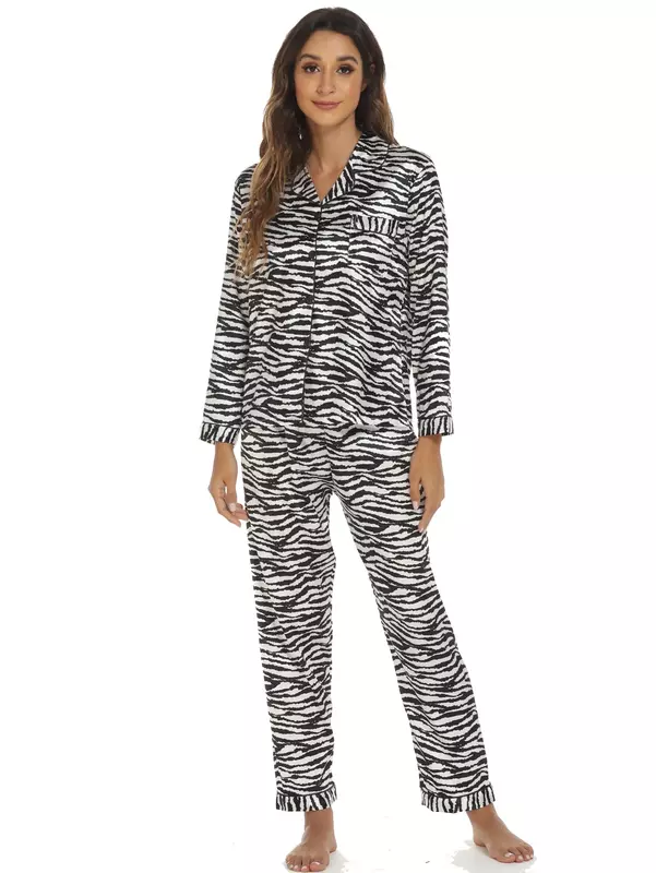 Women's Pajamas Set 2 Piece Zebra Striped Pyjama Faux Silk Satin Sleepwear Spring Summer Long Sleeve Pijama Mujer Pjs Homewear