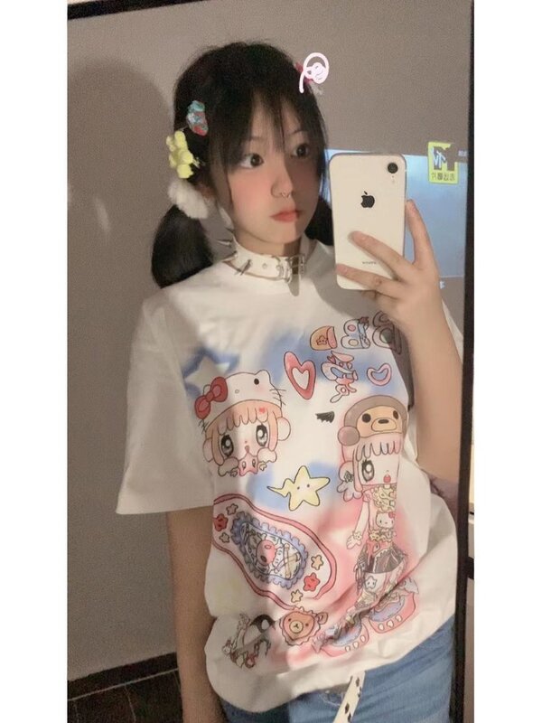 HOUZHOU-camisetas de calle Harajuku Y2k para mujer, camisetas holgadas con estampado de dibujos animados de estrellas Kawaii, moda japonesa, Tops suaves para chica 2024
