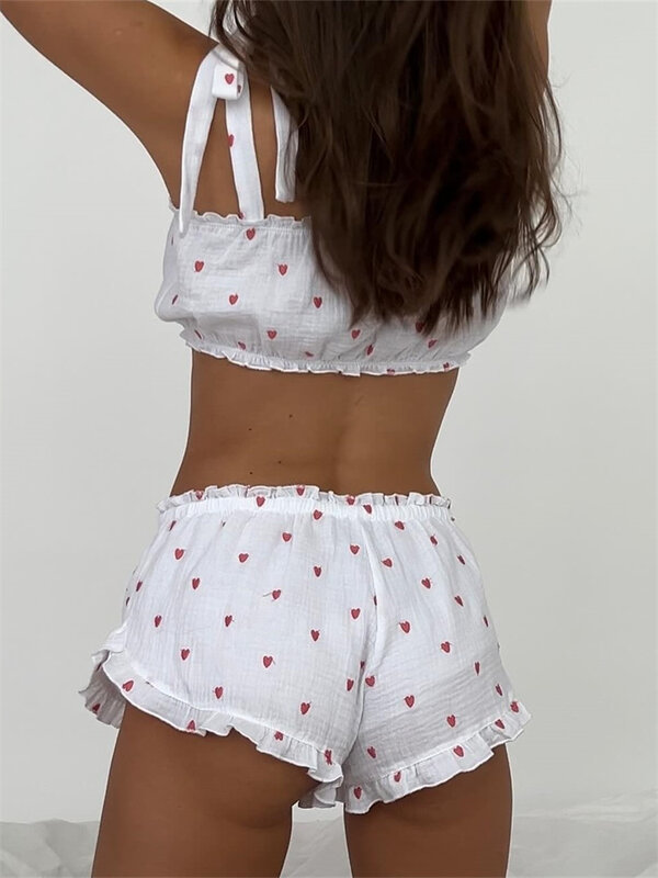 Hirigin-conjuntos de pijama de duas peças para mulheres, estampa de coração, alça de laço, tops cortados com botões, shorts, streetwear de verão, 2024