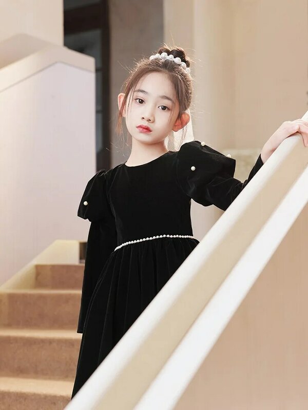 Gaun malam hitam anak perempuan, kostum pertunjukan piano ulang tahun anak putri kelas atas mewah ringan