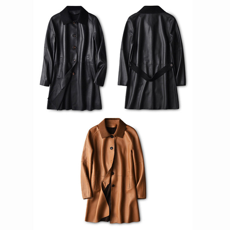 여성용 천연 가죽 재킷, 맨투 팜므 라펠 싱글 브레스트 미디엄 롱 양가죽 코트, 고품질 의류, 가을