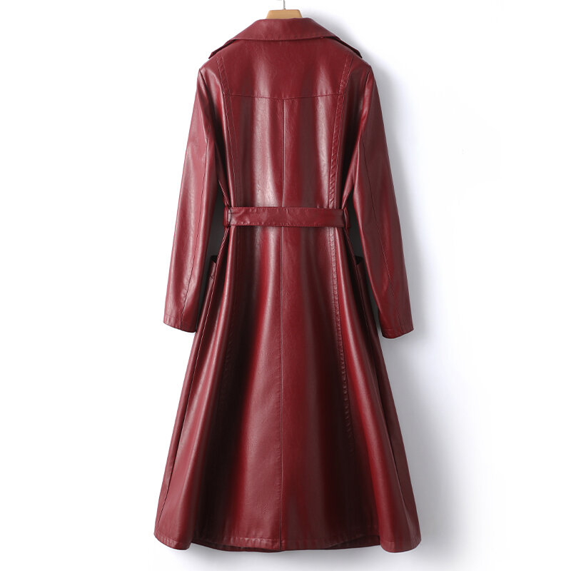 Mantel Trench kulit domba asli wanita pakaian luar kulit panjang musim gugur musim dingin anggur merah sabuk Double Breasted pakaian kulit domba wanita