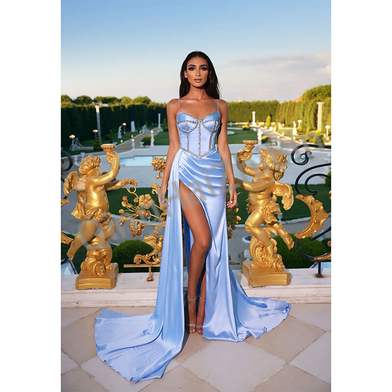 Vestido de noite feminino alto dividido, azul claro cristal, vestido de baile de sereia, gola espaguete, vestido de festa sexy, 2024