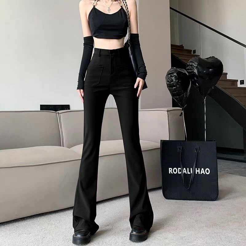 Korean Summer New Fashion High Waist Flare Pants Women Solid Button Zipper Pocket Patchwork Casual Versatile Straight Trousers