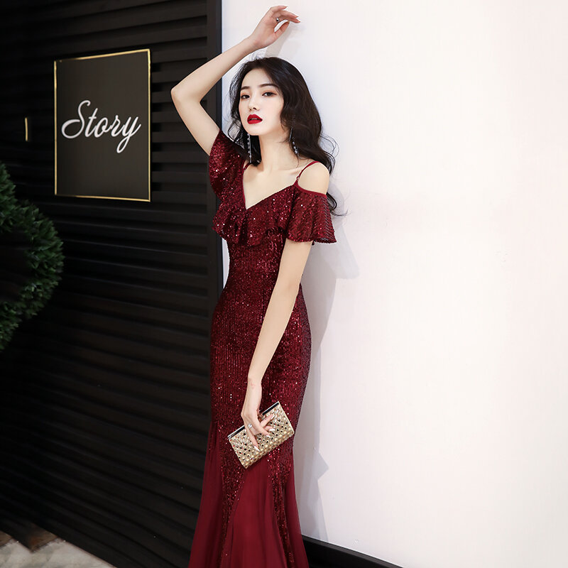 Czerwona sukienka na bal letnia panna młoda burgundowa suknia wieczorowa Fishtail 2024 nowa wysokiej jakości kostium na jedno ramię