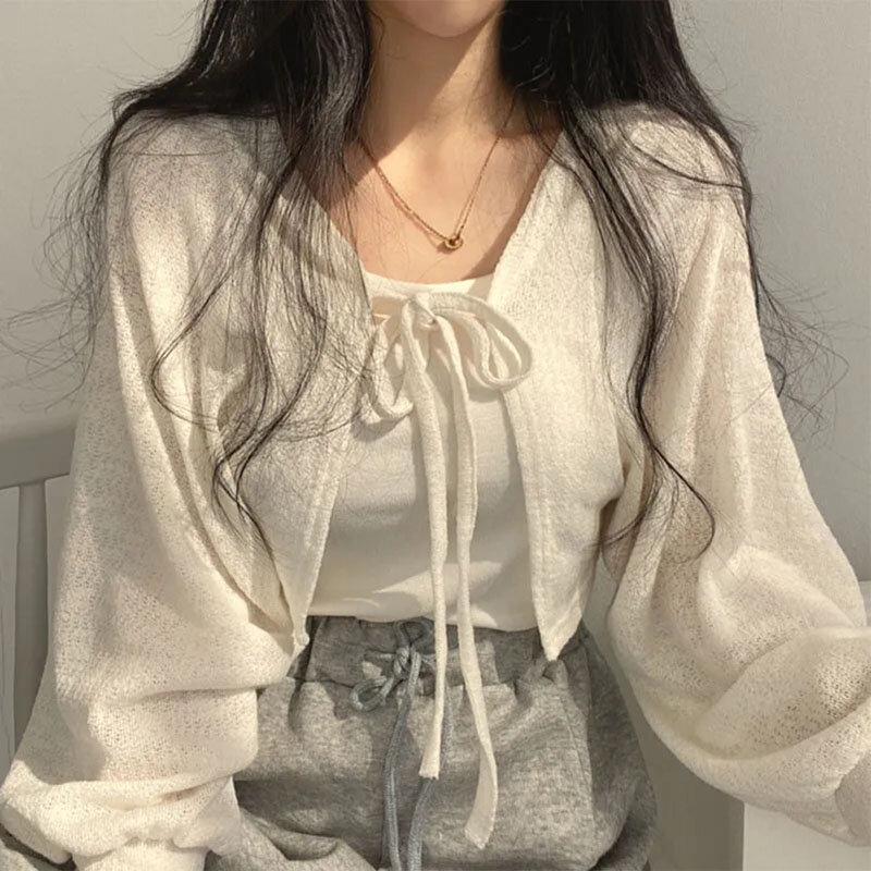 Lucyever białe sweter dziergany damskie letnie cienkie, sznurowane dzianiny z filtrem przeciwsłonecznym damskie koreańskie lampiony z krótkim płaszczem