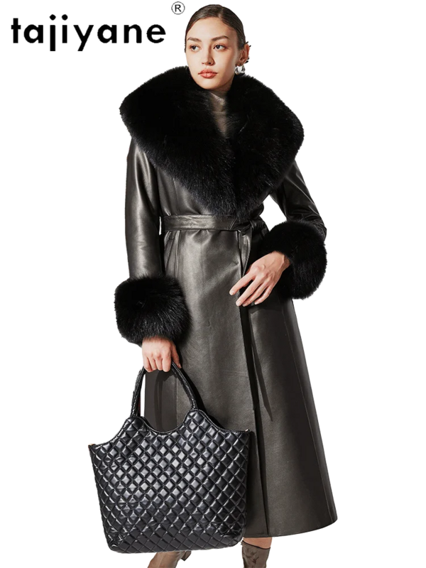 Tajiyane-jaqueta de couro verdadeira para mulheres, pele de carneiro genuína, casacos de ganso branco, colarinho de pele de raposa grande, parkas longos quentes, inverno