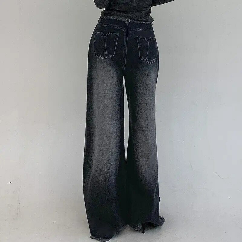 Pantalones vaqueros de corte holgado americano para mujer, cintura con puños peludos degradados, que cubren los músculos, adelgazan hasta el suelo, pierna ancha