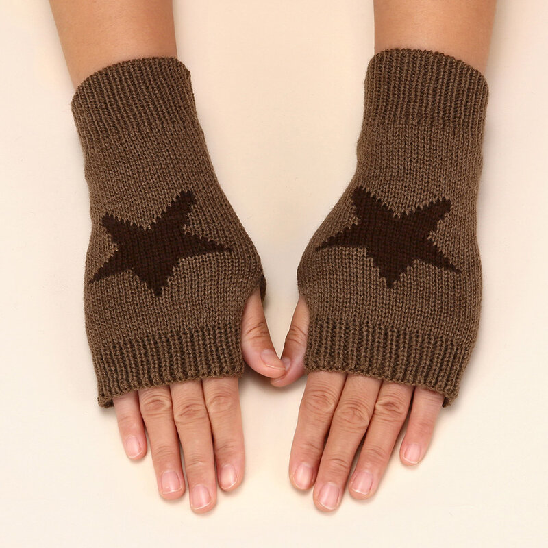 Winter Knitted Gloves Warm Woolen Fingerless Gloves Y2K Women's Arm Gloves Writing Mittens Five Pointed Star Knitting Guantes