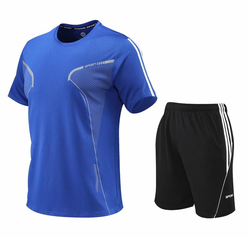 남성용 맞춤형 로고 반팔 상의 및 스포츠 반바지, 얇은 통기성 러닝 운동복, O-넥 티셔츠 세트, 고품질 도매
