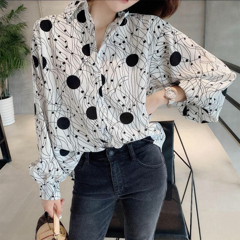 Женская Офисная рубашка в горошек, Повседневная Свободная однобортная Базовая Блузка с длинным рукавом, одежда в Корейском стиле для весны и осени
