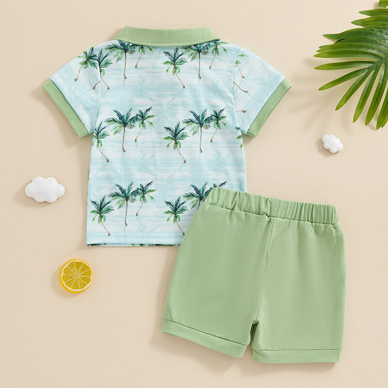 Conjunto de roupas de manga curta para bebês, camisa estampada em árvore, roupa elástica de cintura, verão, 6M-3Y, 2024-04-01