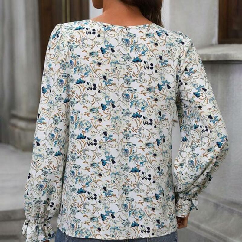 Women Blouse Chic Floral Print Blouse Elegant V-neck Puff Sleeves Loose Fit Office Lady Shirt for Autumn Streetwear