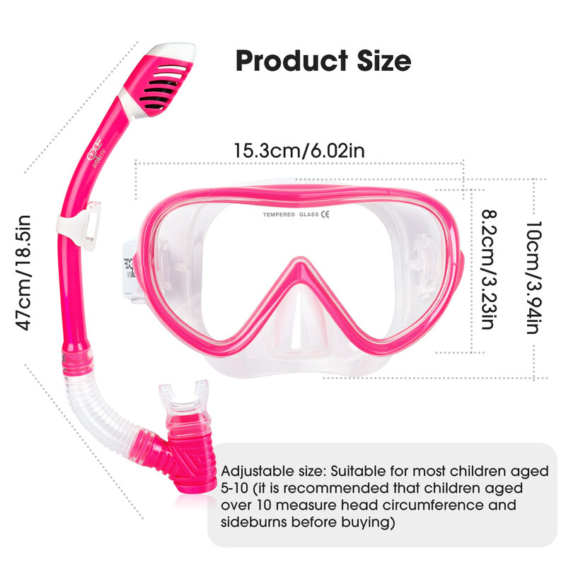 Snorkelset voor kinderen panoramisch snorkelmasker, anti-fog jeugd duikmasker gehard bril zwemmasker droge top snorkel voor kinderen