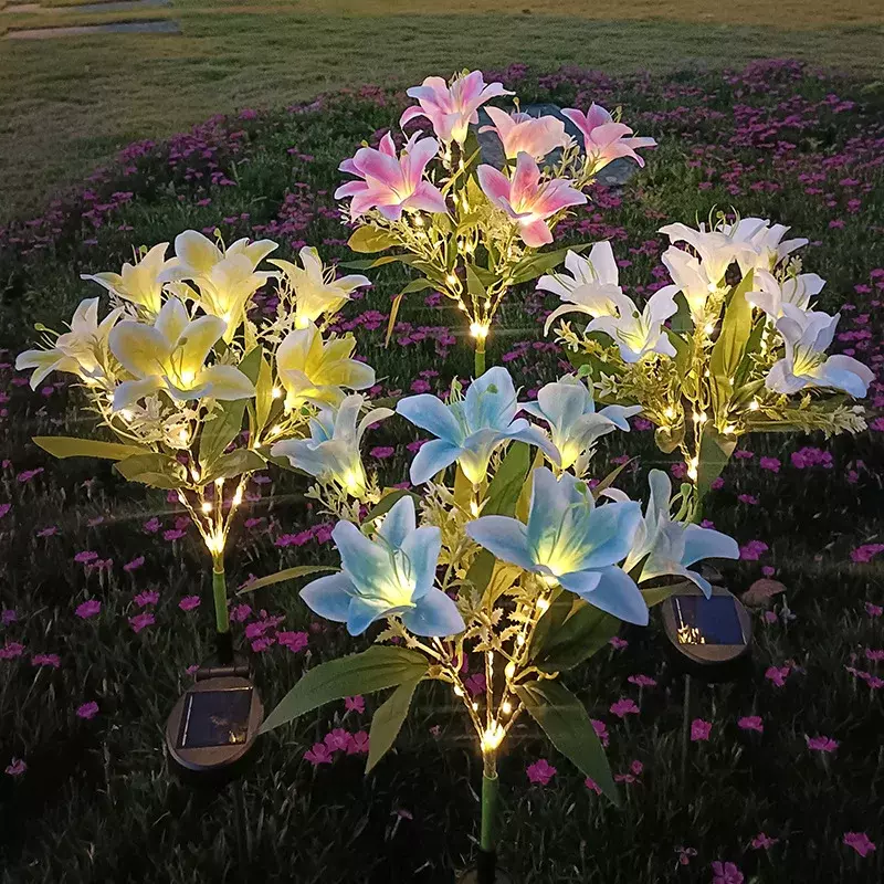 7 Head Lily Solar Lights Outdoor Waterproof Courtyard Garden Christmas Decoration Lawn LED Artificial Rose Flower Fairy Lights