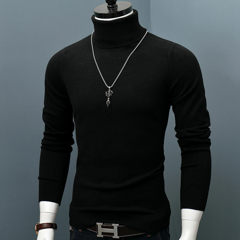 Jesienno-zimowy swetry z golfem ciepły jednolity kolor męski sweter obcisły sweter dziergany sweter męski długa koszula