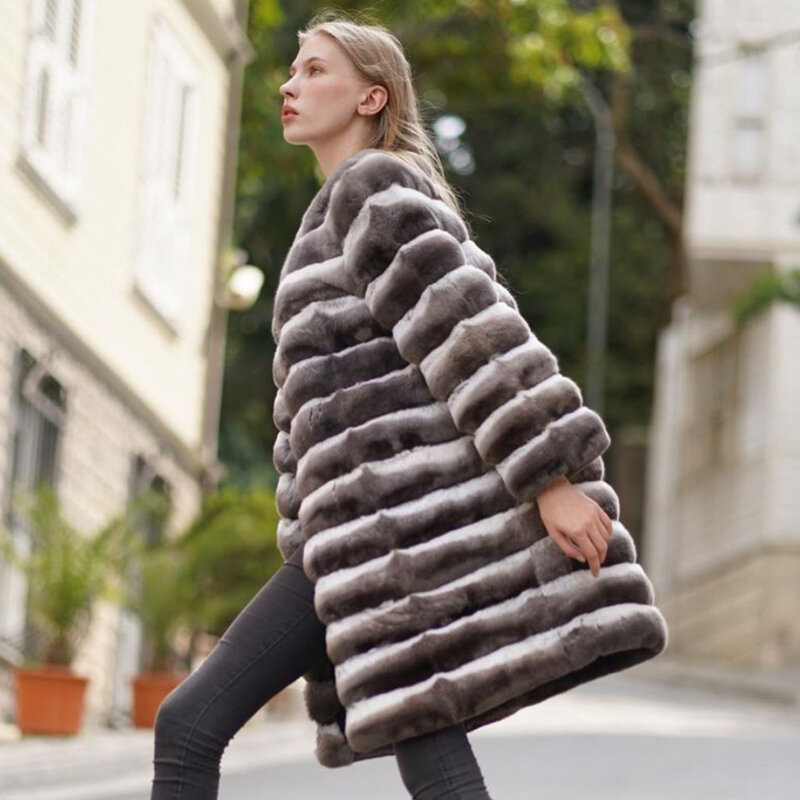 Winter Clothes Women Chinchilla Rabbit Fur Coat Natural Rex Rabbit Fur Jackets Warm Luxury Fashion