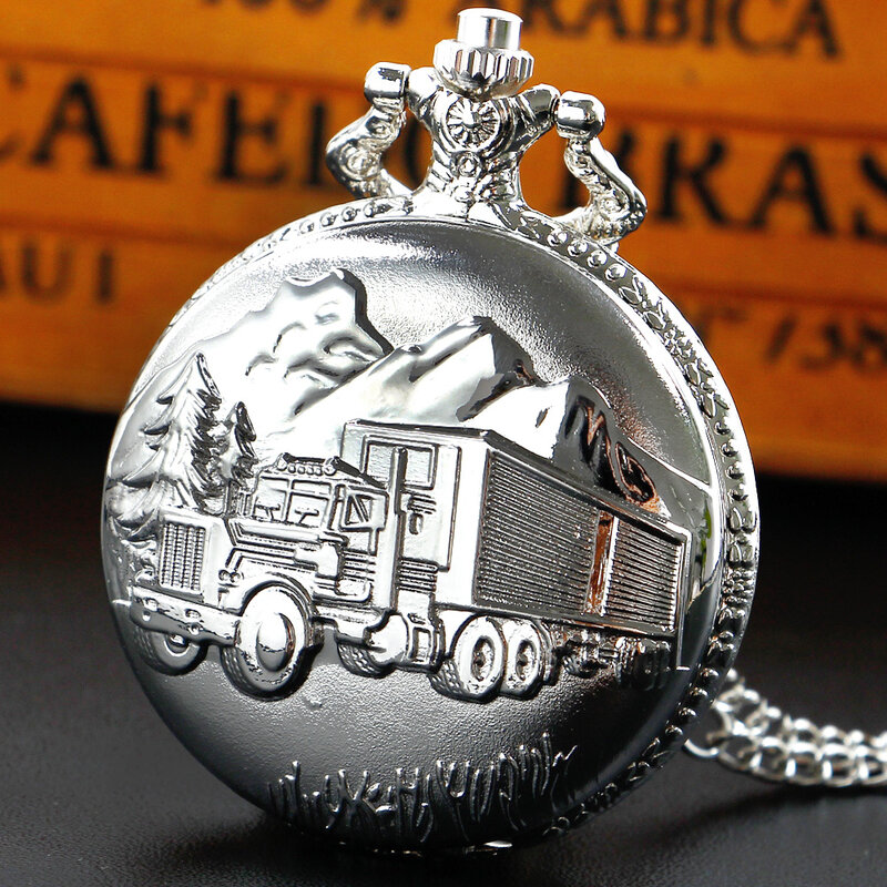 Мужские кварцевые часы в ретро стиле, серебристые карманные часы с 3D рисунком грузовика, с цепочкой и ожерельем, подарок для мужчин