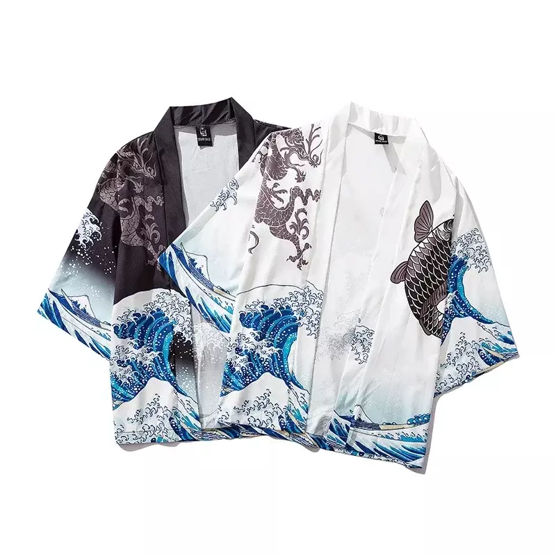 Kimono Obi japonês para homens e mulheres, cardigã Haori, casaco estampado carpa ondulada, roupas tradicionais japonesas, Yukata masculino, preto