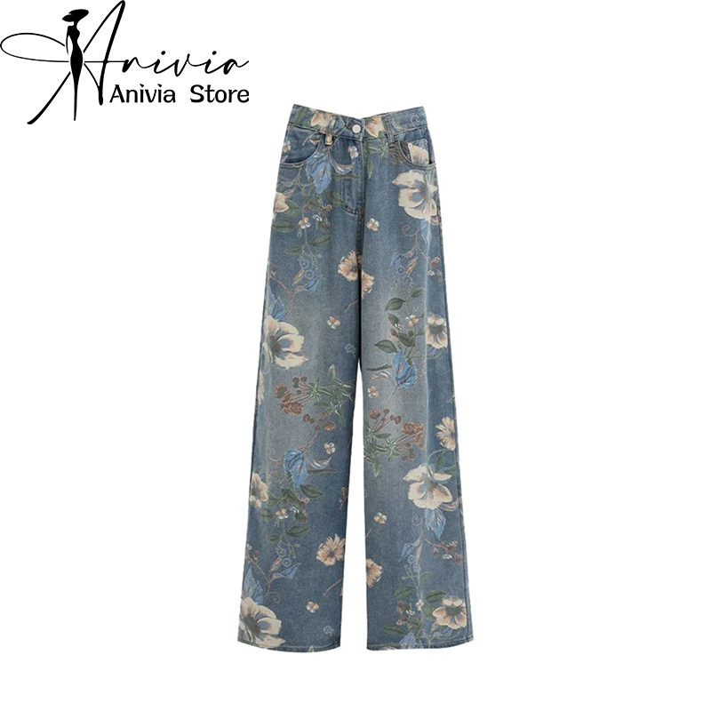 Women's Flower Print Baggy Jeans Vintage Cowboy Pants Harajuku Straight Denim Trousers Y2k Trashy Japanese 2000s Style Clothes