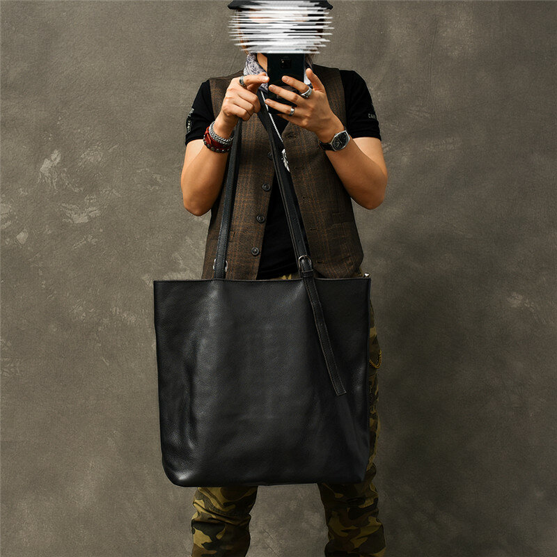 กระเป๋าถือหนังแท้ขนาดใหญ่สำหรับผู้ชายเรียบง่ายลำลองถุงแฟชั่นกระเป๋าสะพายไหล่หนังวัวแท้นุ่มคุณภาพสูง