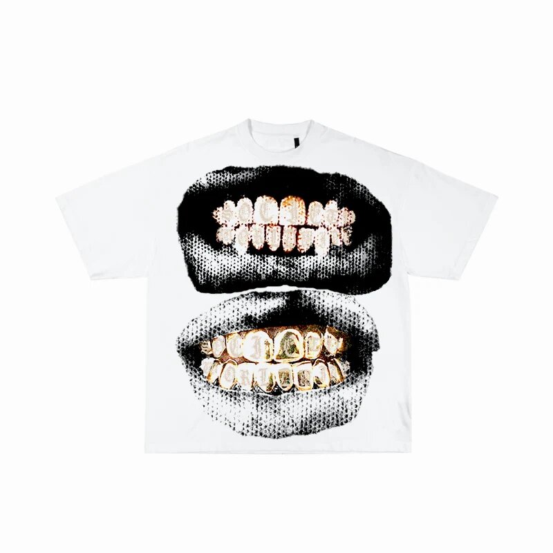 Kaus grafis gigi ukuran besar bahan katun murni, t-shirt katun murni lengan pendek murni leher bulat modis Hip Hop Harajuku untuk pria dan wanita Y2k
