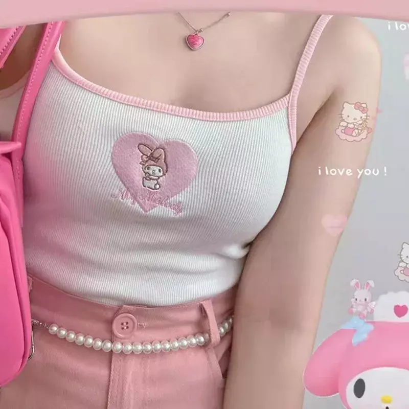 Kawaii Sanrio Anime Geborduurde Jarretel Schattige Hello Kitty Mijn Melodie Kuromi Cartoon Zomer Verfrissende Korte Basis Top Geschenken Meisjes