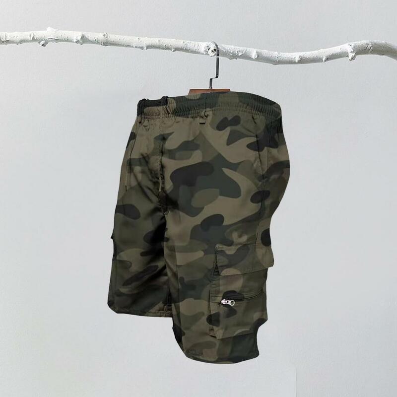 Men Multi-pocket Sweatpants Men's Cargo Shorts with Drawstring Waist Multiple Zipper Pockets Camouflage Print for Daily