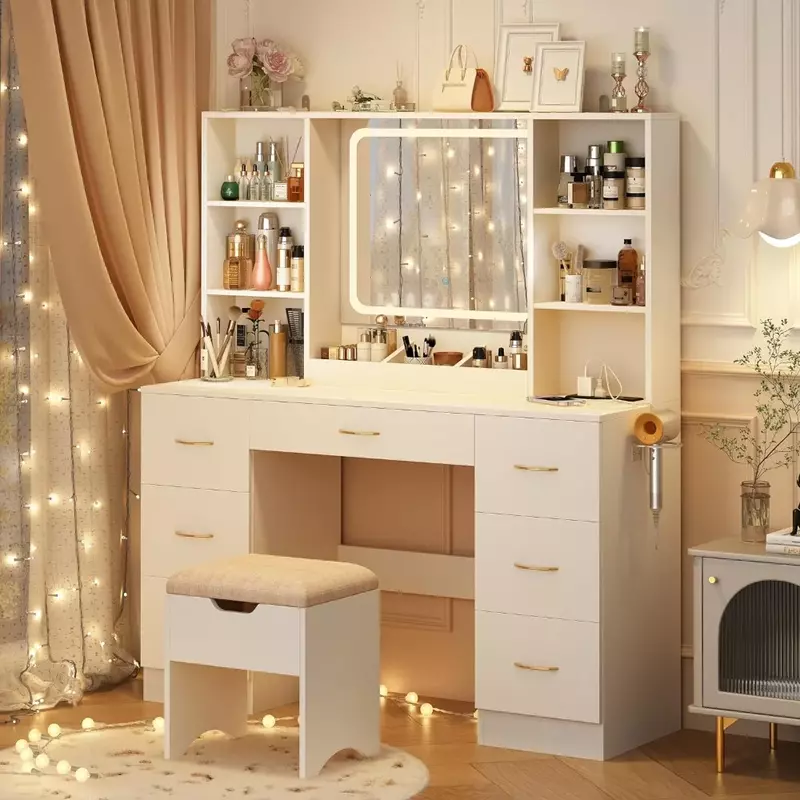 Juego de tocador de aire LED blanco con taburete y salida de corriente, muebles de dormitorio, mesa de maquillaje para el hogar, muebles para niñas (blanco)