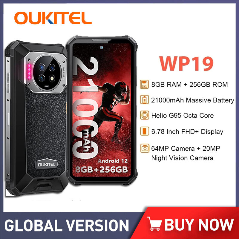 Oukitel-Smartphone robuste WP19 avec vision nocturne, téléphone portable, 21000 mAh, 8 Go, 256 Go, appareil photo 64M, 90Hz, Helio G95