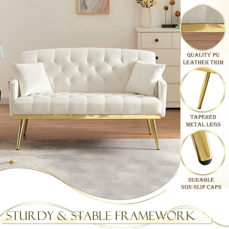 布張りのベルベットのソファ,モダンな小さなソファ,サイドポケット付きのアームチェア,金色の金属の脚,ツートンカラー