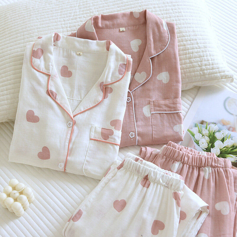 Conjuntos de pijama de algodão feminino de duas peças, pijamas estampados, calças cardigan manga comprida, loungewear bonito, roupas de pijamas, tendência outono