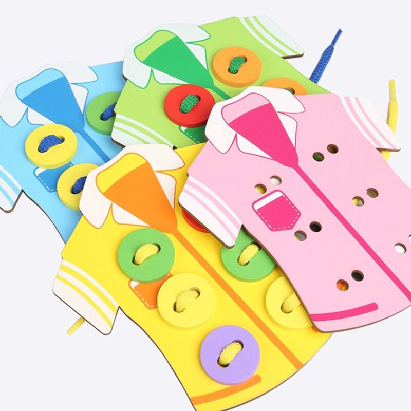 Tablero de madera con cordones para enhebrar ropa, botones para coser, juego de mesa, juguetes Montessori