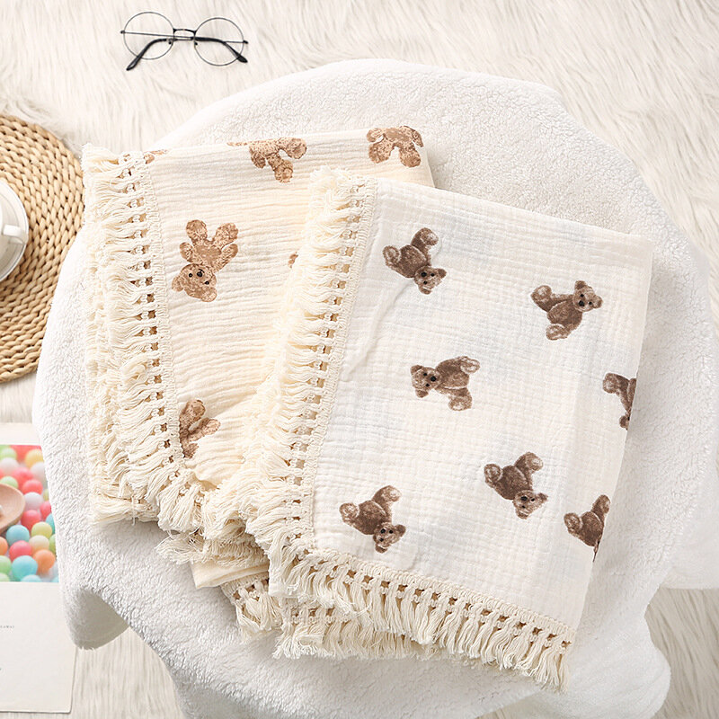 น่ารักหมีสี่เหลี่ยม Muslin ผ้าห่มเด็กผ้าห่มสำหรับทารกแรกเกิดลายสก๊อตผ้าห่มทารกทารกอุปกรณ์เสริมเตียงฤดูร้อนผ้าพันคอ