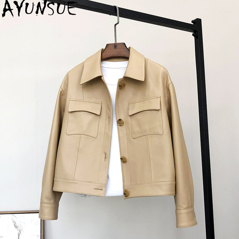 Ayunsue-女性用の本物のシープスキンレザージャケット,韓国のファッション,シングルブレスト,本革のコート,スクエアカラー