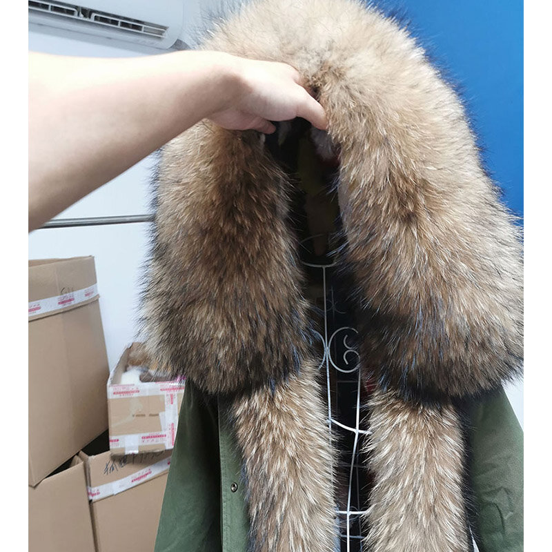 MAOMAOKONG jaket panjang untuk wanita, jaket musim dingin 2023, mantel bulu dalam Kelinci asli, tudung kerah bulu rakun alami, pakaian jalanan tebal hangat
