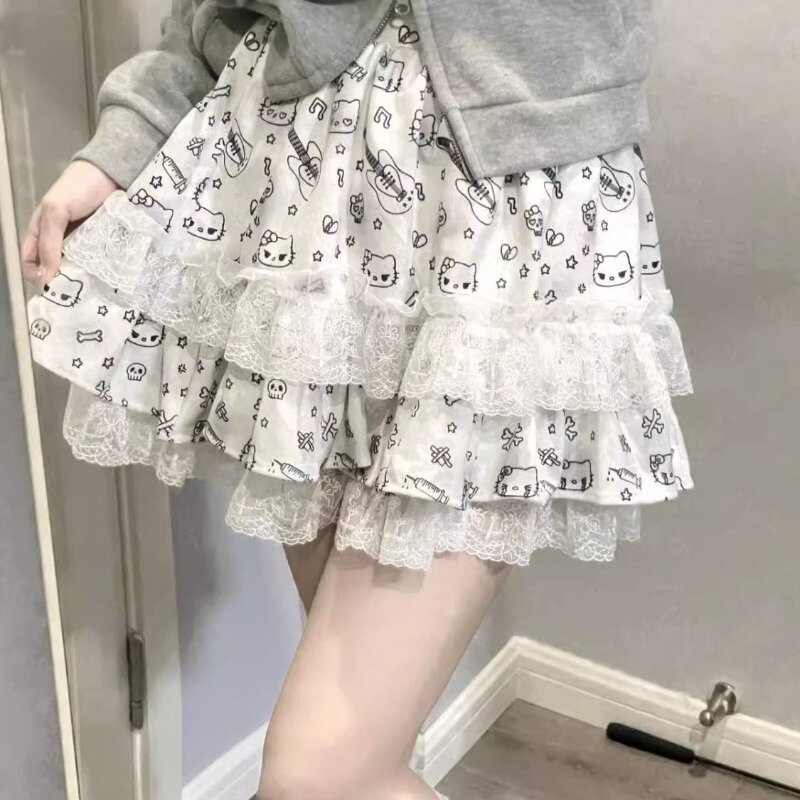 Lolita Dark Japanese Y2k Spicy Girl Lace Skirts, Patchwork Elasticized Printing Lace, Minimalist Casual Ponky Cake Skirts, Summer Fashion, 2024