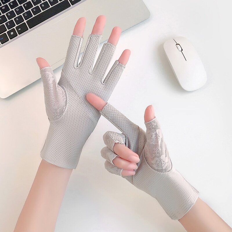 Flowers Driving Gloves Breathable Lace Mesh Half Finger Gloves Ice Silk Thin Sunscreen Mittens Gift