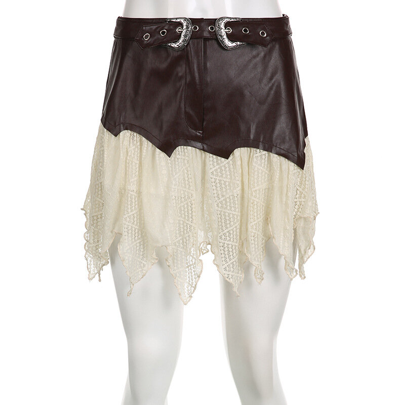 Women's Skirt 2024 Summer Fashion Leather Lace Patchwork Casual Irregular Hem Mini Skirt Spicy Girl Short Skirt Y2k Streetwear