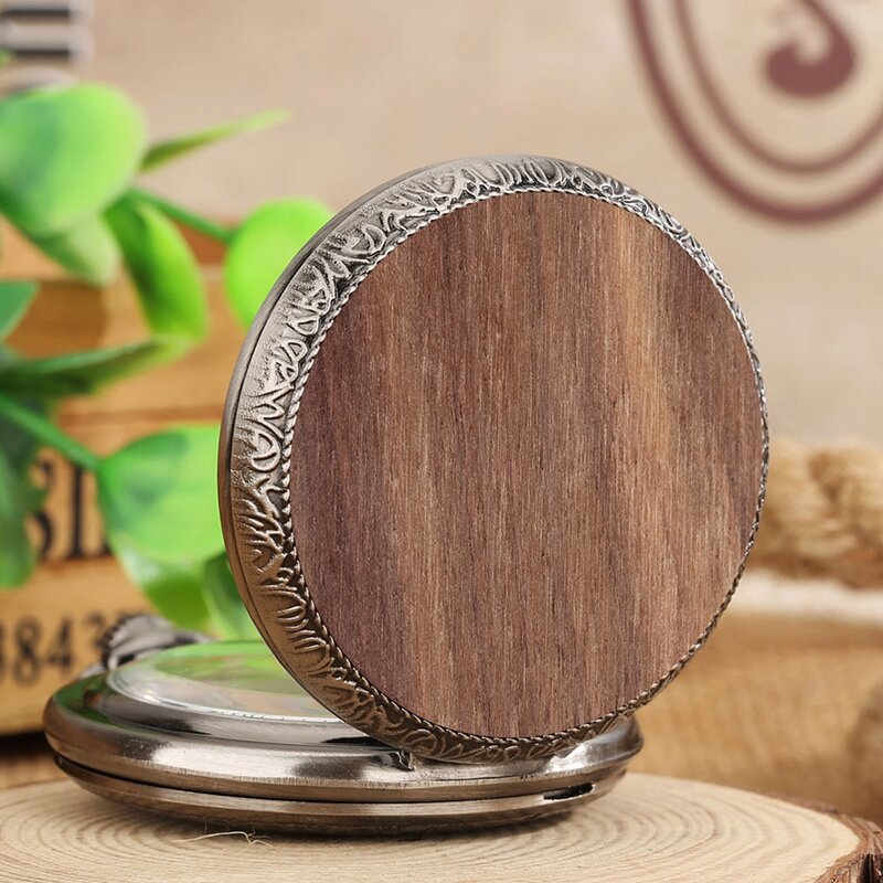 Novo natural de madeira de nogueira simples pure cover design relógio de bolso de quartzo corrente pingente retro colar relógio para mulheres masculinas 2022